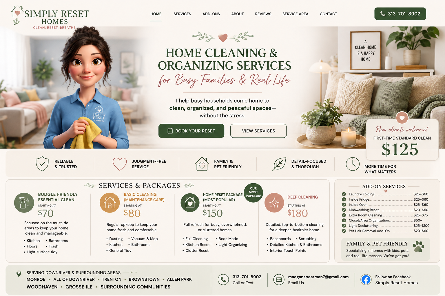 Simply Reset Homes home cleaning and organizing services, packages, add-ons, new client special, service area and contact information.